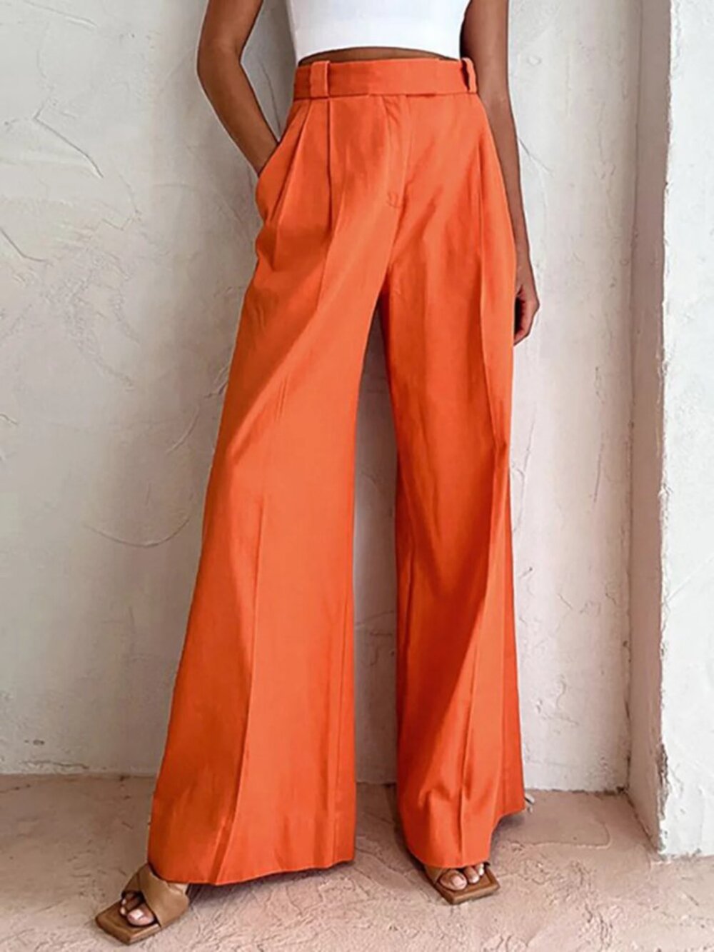 Commense Relaxed Fit Vitamin C Linen Cotton Wide Leg Pants - L